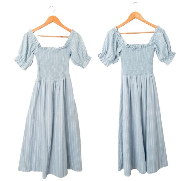 Reformation Arianna Stripe Off Shoulder Smocked Midi Dress S Baby Blue Romantic - Picture 2 of 9